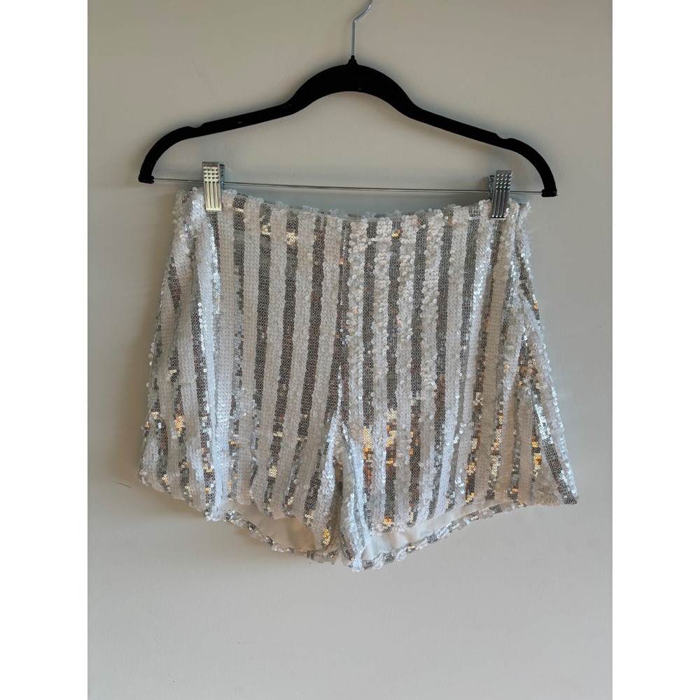 Saints & Hearts Silver White Striped Sequin Shorts Womens Size M SIP6213A